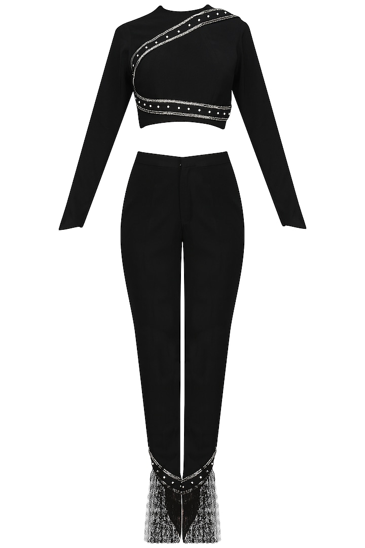 Black ombred drape saree with structured crop top set available only at Pernia's Pop Up Shop.