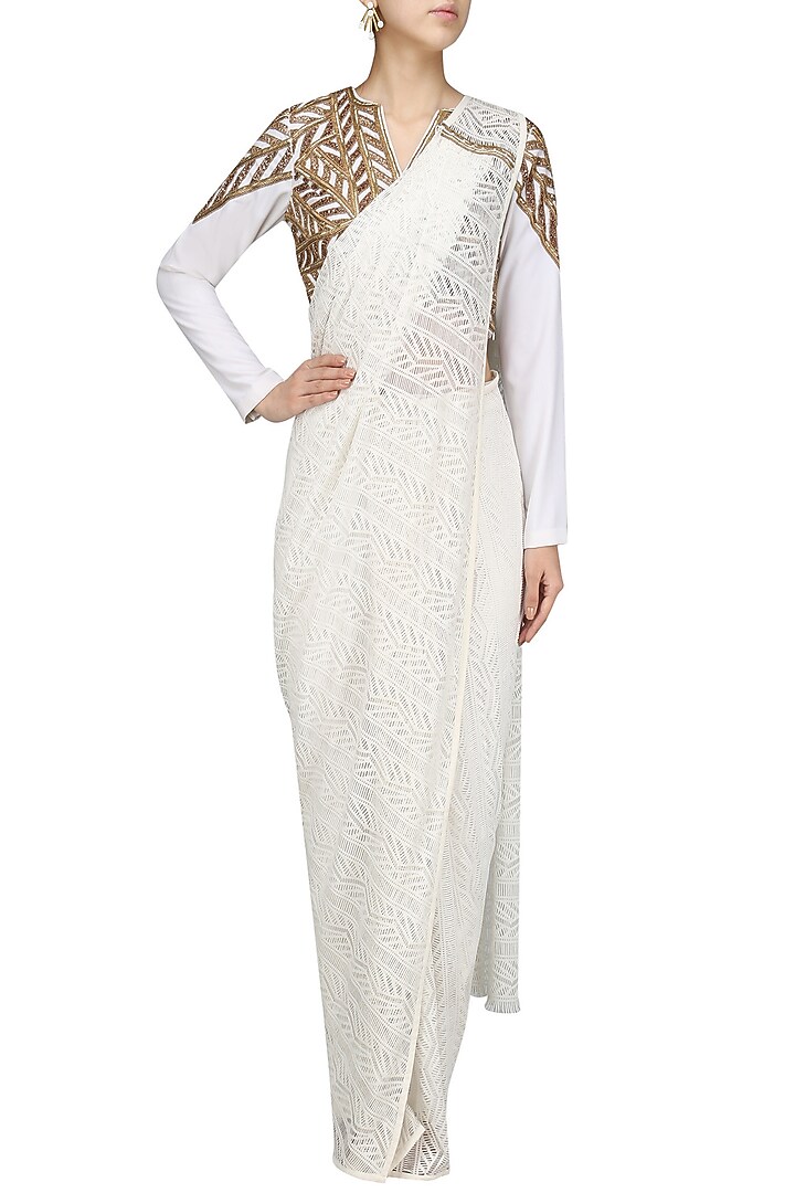 White saree with embroidered blouse and pants set available only at Pernia's Pop Up Shop.