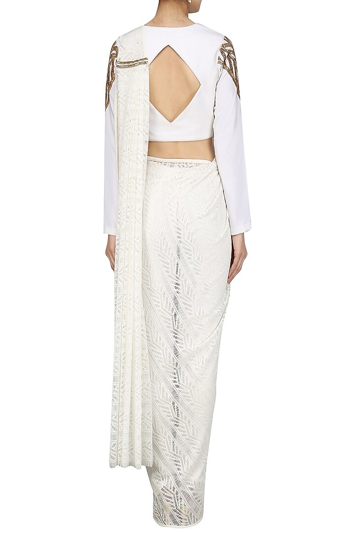 White saree with embroidered blouse and pants set available only at Pernia's Pop Up Shop.
