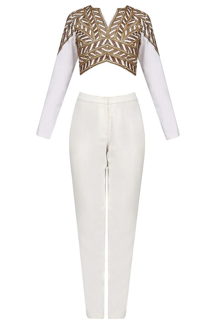 White saree with embroidered blouse and pants set available only at Pernia's Pop Up Shop.