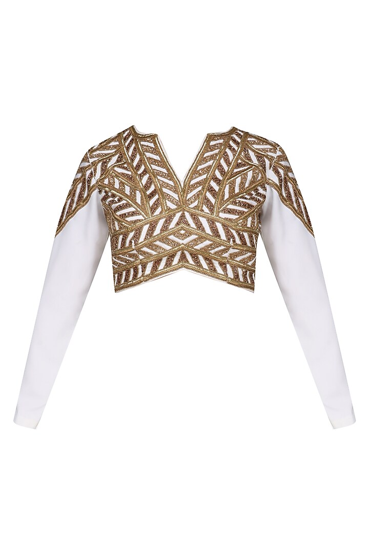 White saree with embroidered blouse and pants set available only at Pernia's Pop Up Shop.