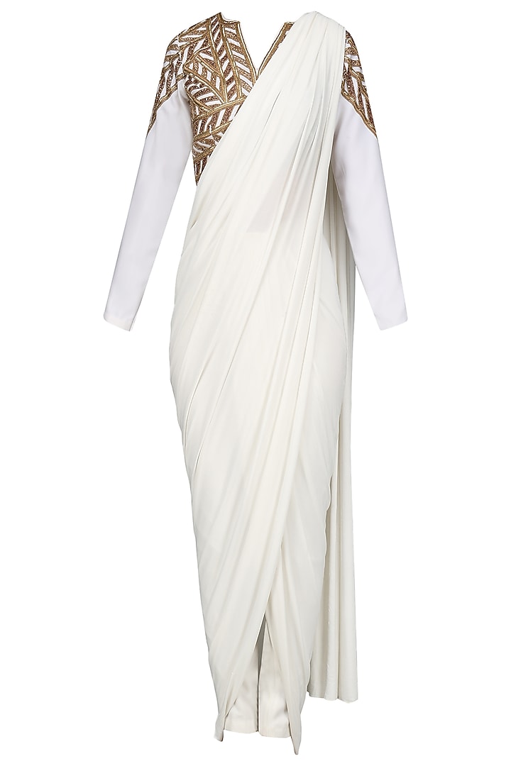 White Saree with  Embroidered Blouse and Pants Set by Bhaavya Bhatnagar