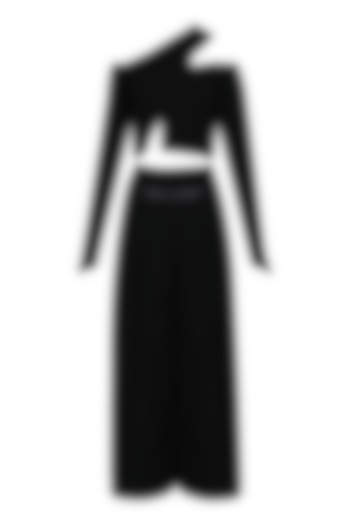 Black Asymmetric Crop Top and High Waisted Culottes by Bhaavya Bhatnagar
