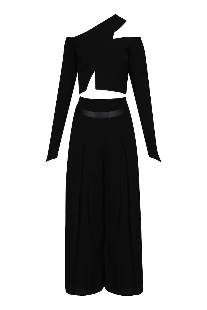 Black Asymmetric Crop Top and High Waisted Culottes by Bhaavya Bhatnagar