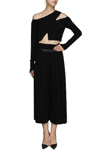 Black Asymmetric Crop Top and High Waisted Culottes by Bhaavya Bhatnagar