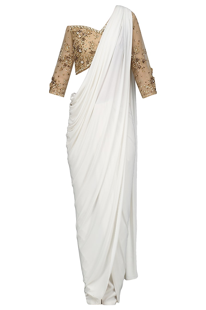White Saree with  Embroidered Blouse and Pants Set by Bhaavya Bhatnagar