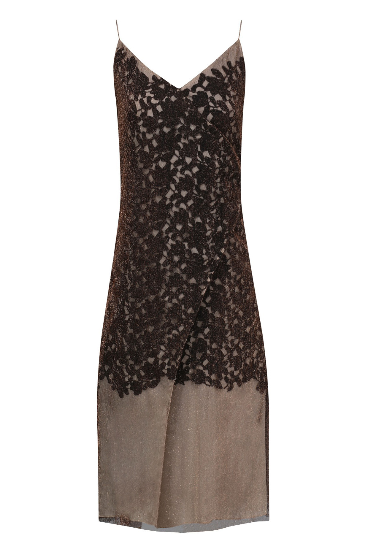 Bronze and Black Cutwork Overlay Strappy Dress by Bhaavya Bhatnagar