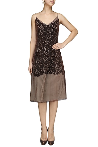 Bronze and Black Cutwork Overlay Strappy Dress by Bhaavya Bhatnagar