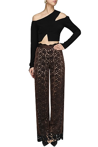 Bronze and Black Cutwork High Waisted Trousers by Bhaavya Bhatnagar