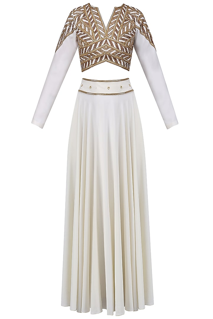 Ivory and Gold Embroidered Crop Top with  High Waisted Skirt by Bhaavya Bhatnagar