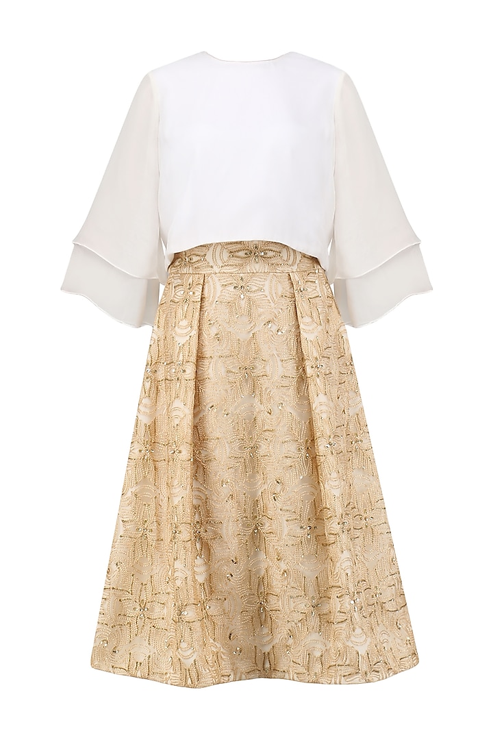 Beige Glistening Sunset Skirt with  Ivory Flounce Crop Top by Bhaavya Bhatnagar