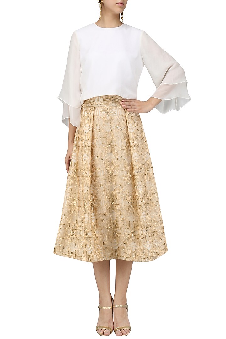 Beige Glistening sunset skirt with Ivory flounce crop top available only at Pernia's Pop Up Shop.