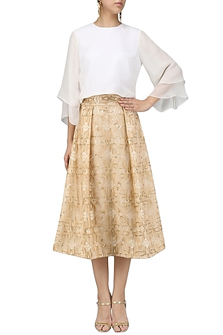Beige Glistening Sunset Skirt with  Ivory Flounce Crop Top by Bhaavya Bhatnagar