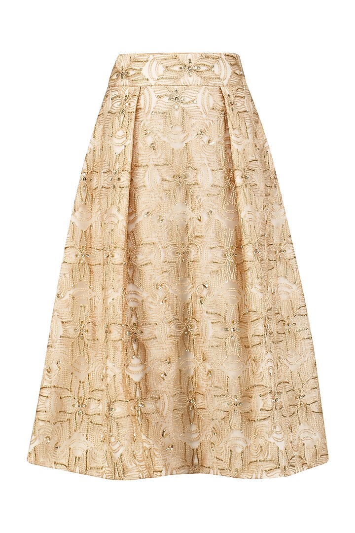 Beige Glistening sunset skirt with Ivory flounce crop top available only at Pernia's Pop Up Shop.