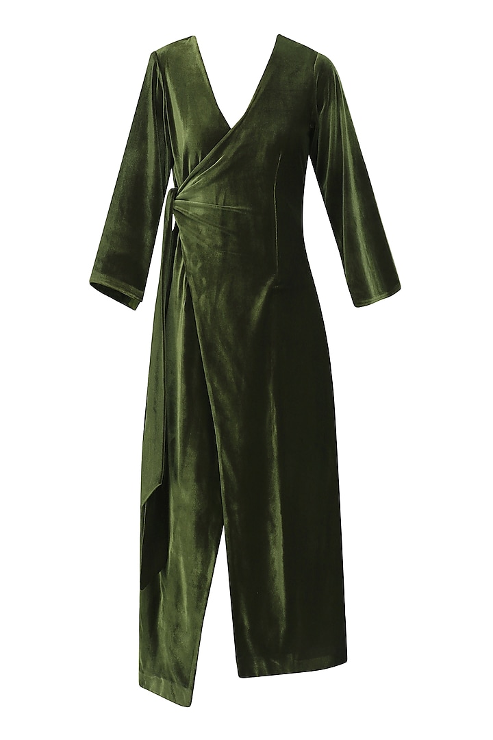 Olive Velvet Robe Dress by Bhaavya Bhatnagar