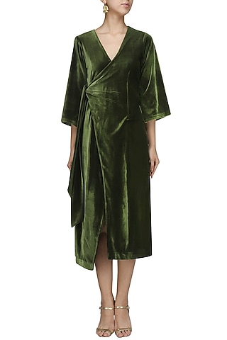 Olive Velvet Robe Dress by Bhaavya Bhatnagar