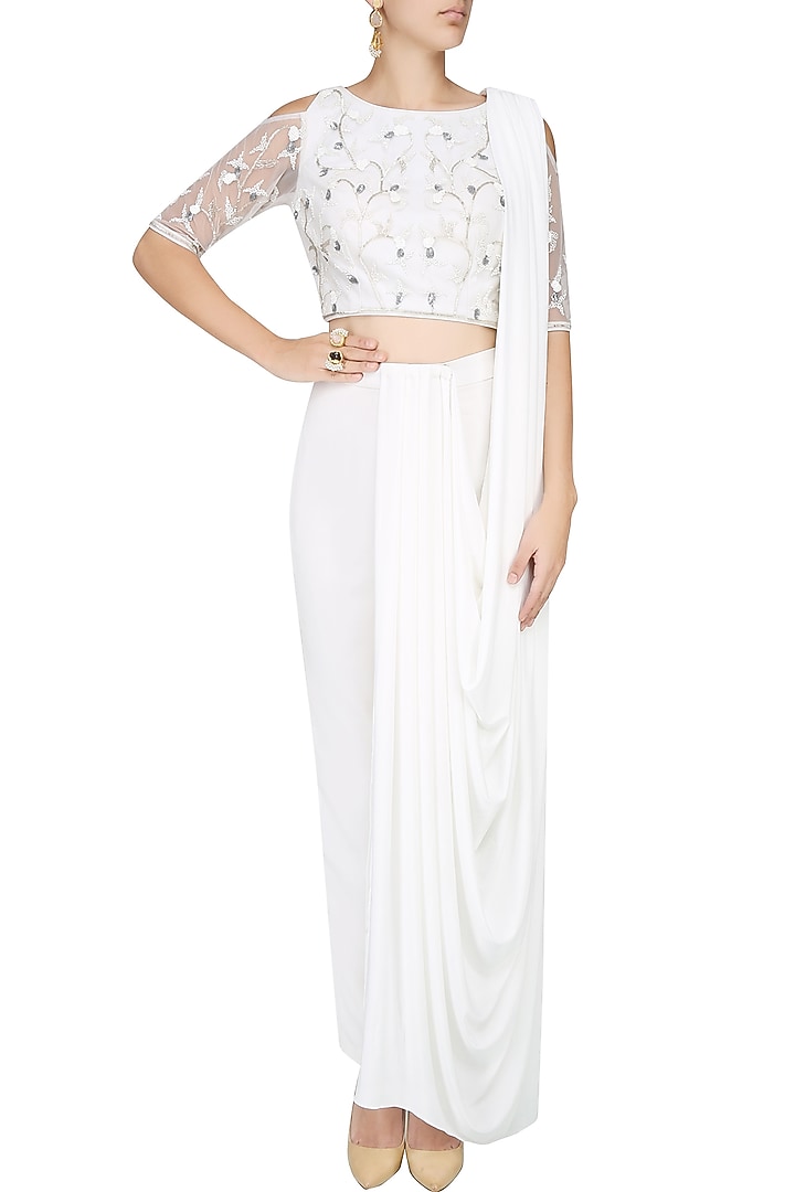 Ivory beads and sequins embroidered pant style saree available only at Pernia's Pop Up Shop.