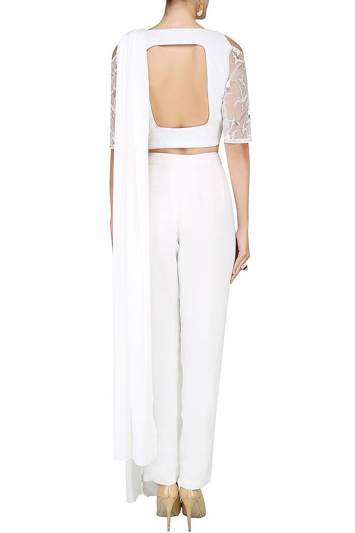 Ivory beads and sequins embroidered pant style saree available only at Pernia's Pop Up Shop.