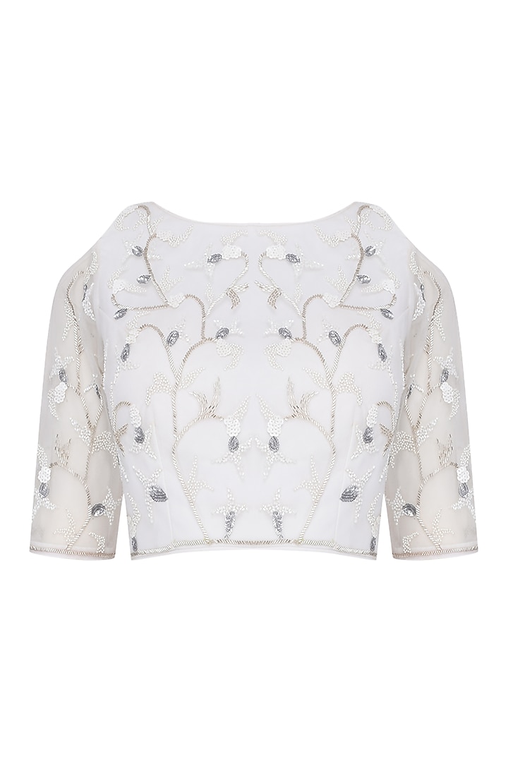 Ivory beads and sequins embroidered crop top available only at Pernia's Pop Up Shop.