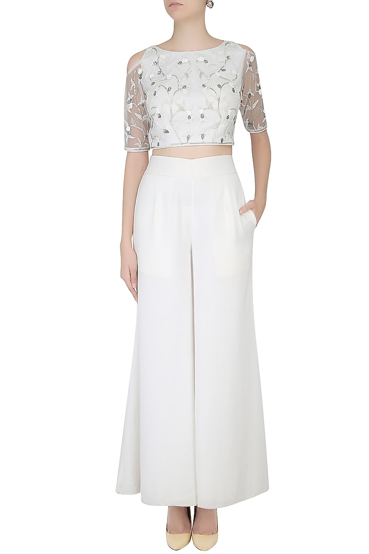 Ivory beads and sequins embroidered crop top available only at Pernia's Pop Up Shop.