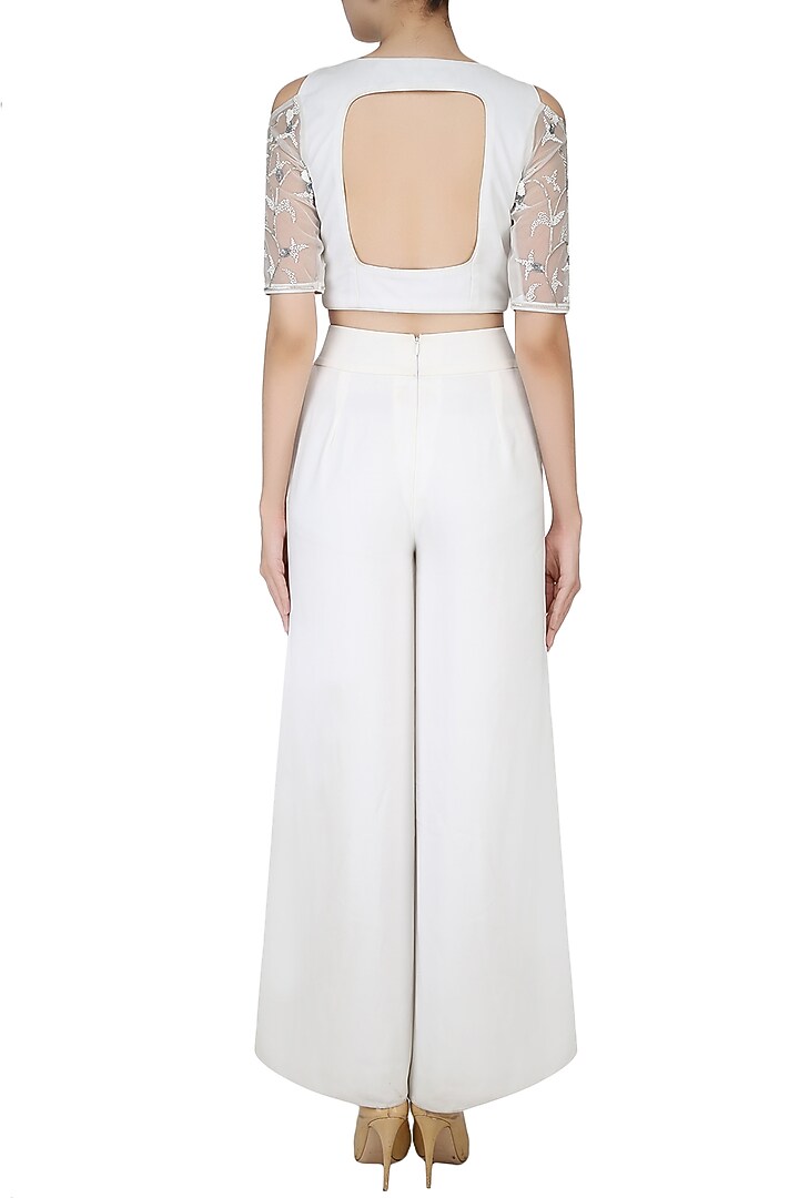 Ivory beads and sequins embroidered crop top available only at Pernia's Pop Up Shop.