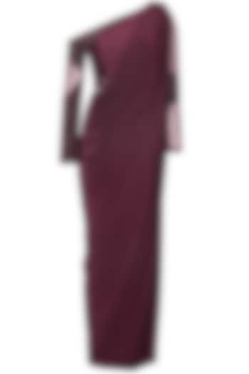 Wine draped sari with off shoulder beaded blouse available only at Pernia's Pop Up Shop.