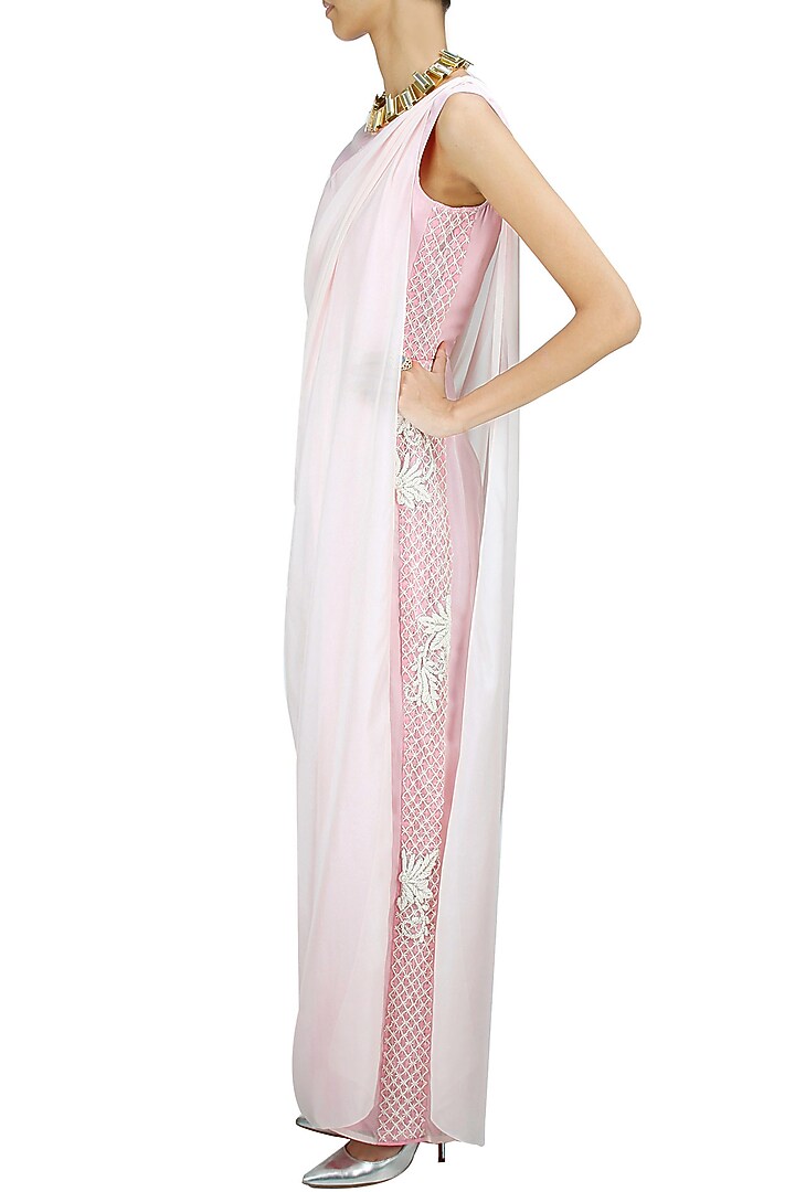 Blush pink embroidered jumpsuit with drape available only at Pernia's Pop-Up Shop.