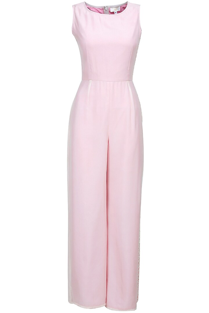 Blush pink embroidered jumpsuit with drape available only at Pernia's Pop-Up Shop.