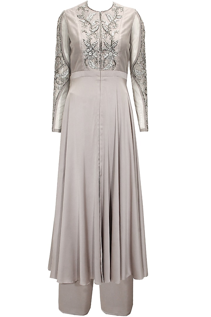 Silver embroidered anarkali with palazzo pants available only at Pernia's Pop-Up Shop.