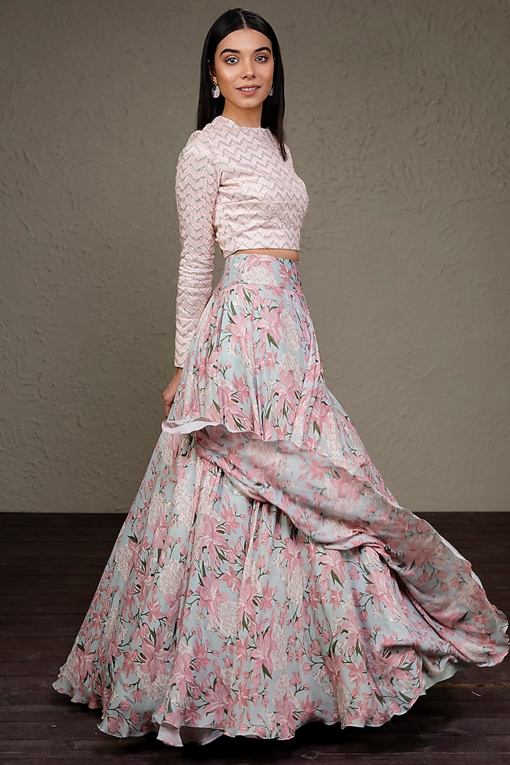 Blush Pink Printed Skirt With Embroidered Crop Top by Bandana Narula