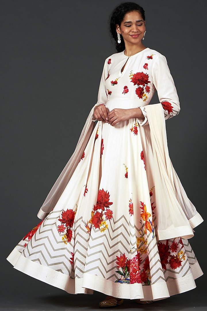 Ivory Printed Party Wear Anarkali Set by Balance by Rohit Bal at Pernia's Pop Up Shop