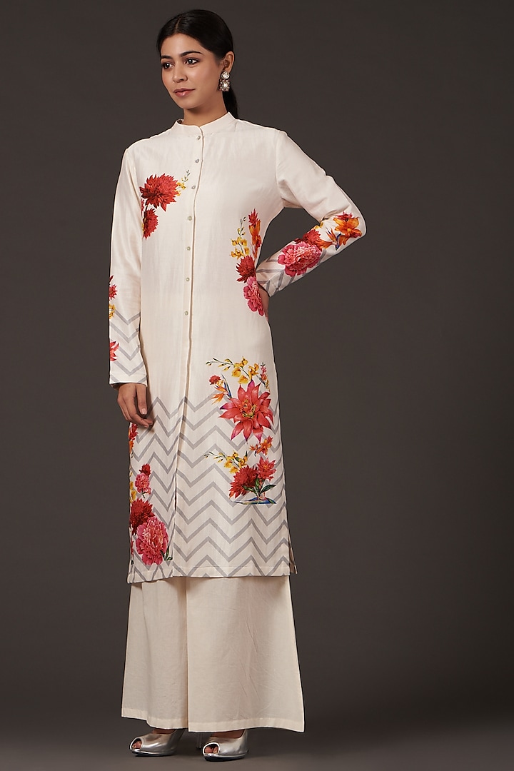 Ivory Floral Digital Printed Tunic Set by Balance by Rohit Bal