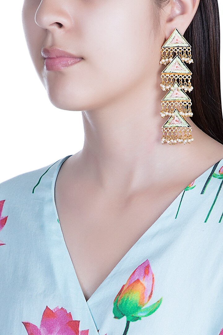 Matte Gold Finish Embroidered Pearl Hanging Layered Earrings by Bauble Bazaar