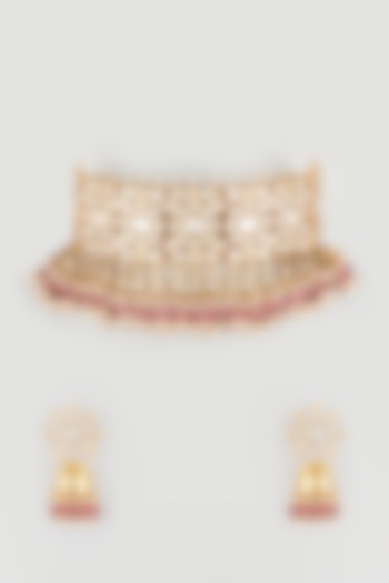 Gold Plated Pachi Kundan & Pink Stone Necklace Set by Bauble Bazaar