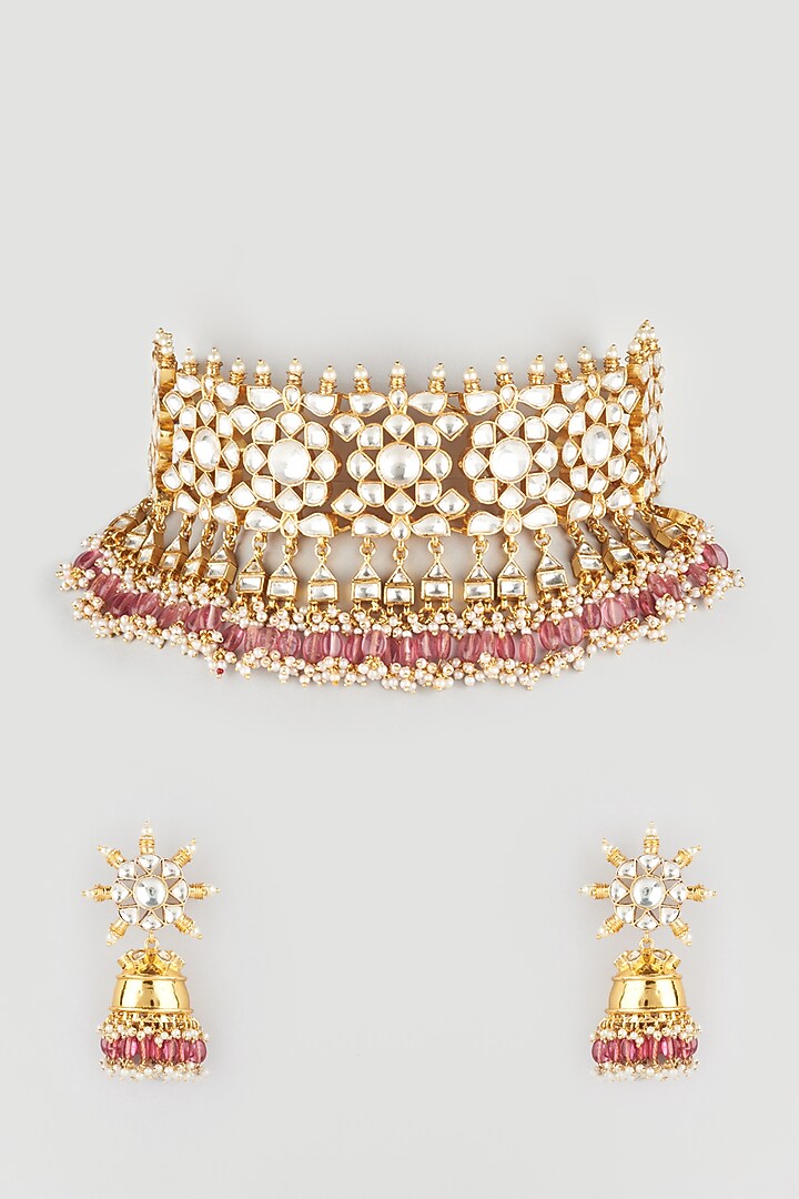 Gold Plated Pachi Kundan & Pink Stone Necklace Set by Bauble Bazaar at Pernia's Pop Up Shop