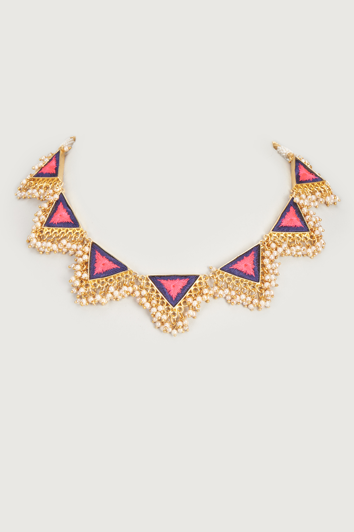 Gold Finish Embroidered Single Layered Triangle Necklace by Bauble Bazaar at Pernia's Pop Up Shop