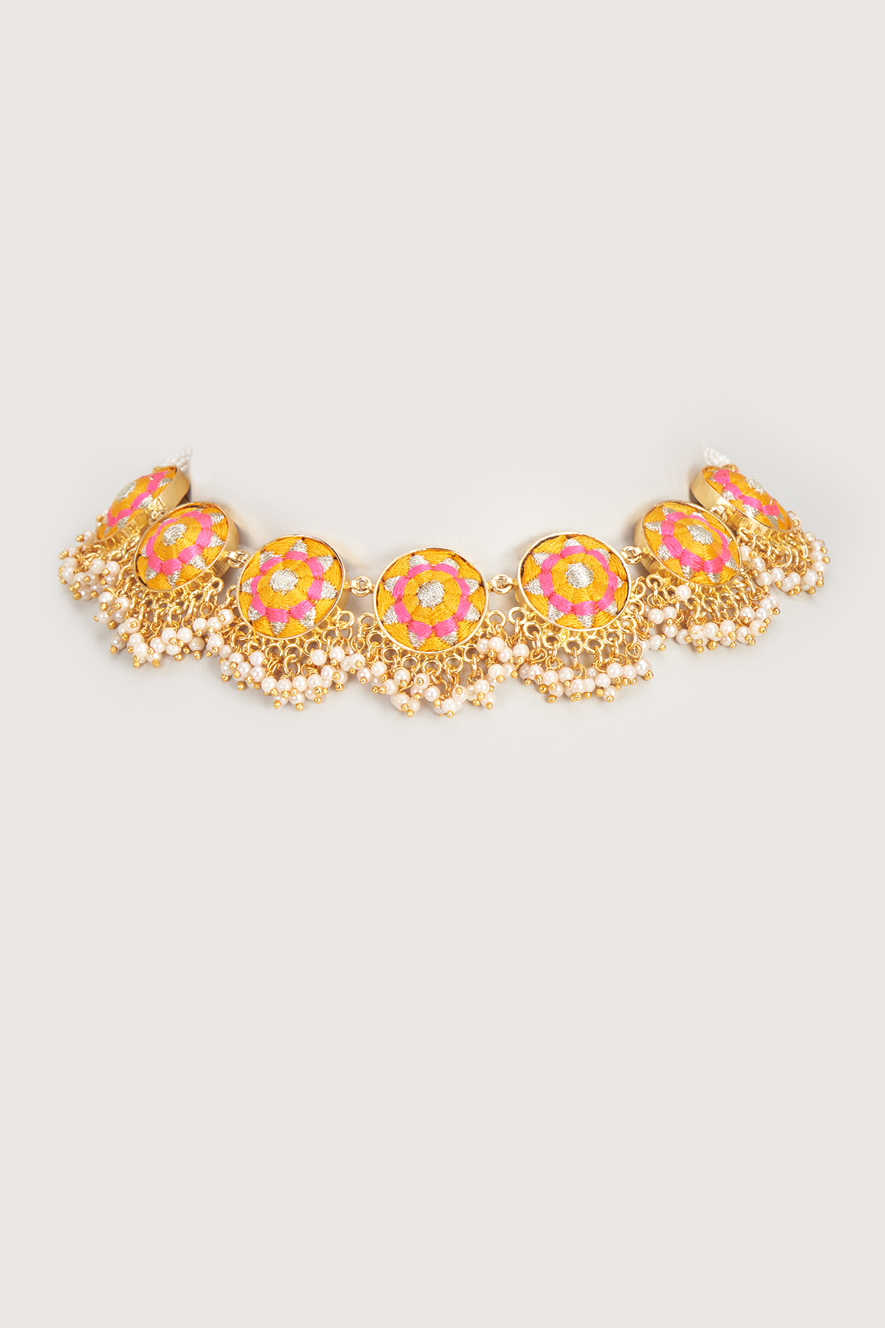 Gold Finish Embroidered Single Layered Circular Necklace by Bauble Bazaar at Pernia's Pop Up Shop