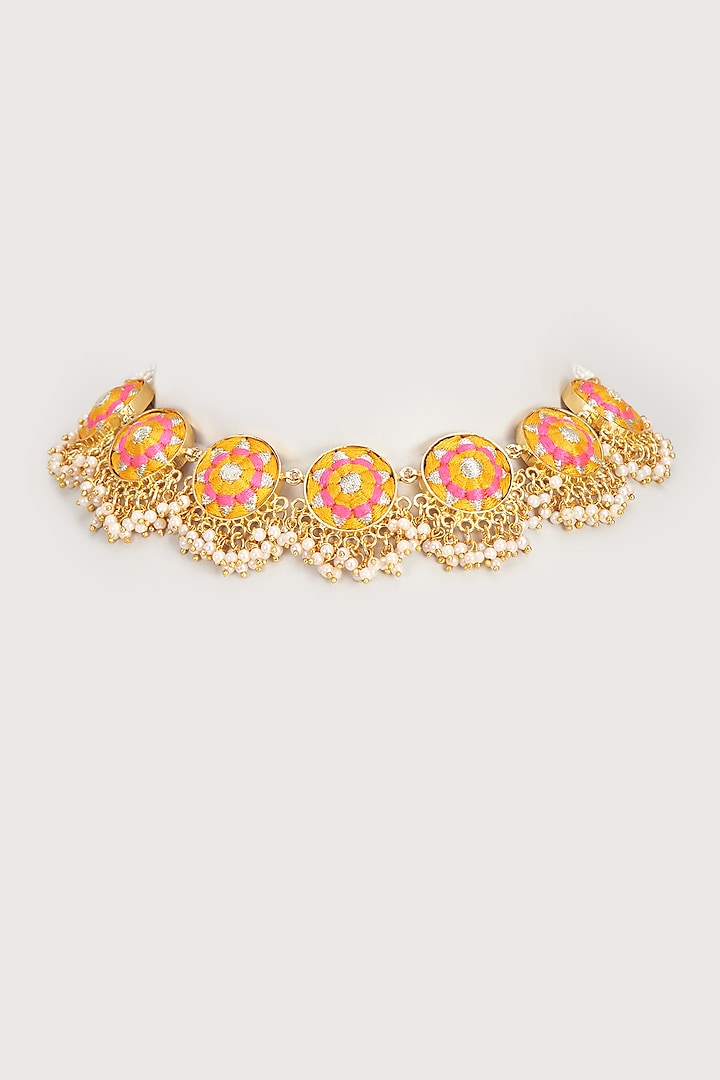 Gold Finish Embroidered Single Layered Circular Necklace by Bauble Bazaar at Pernia's Pop Up Shop