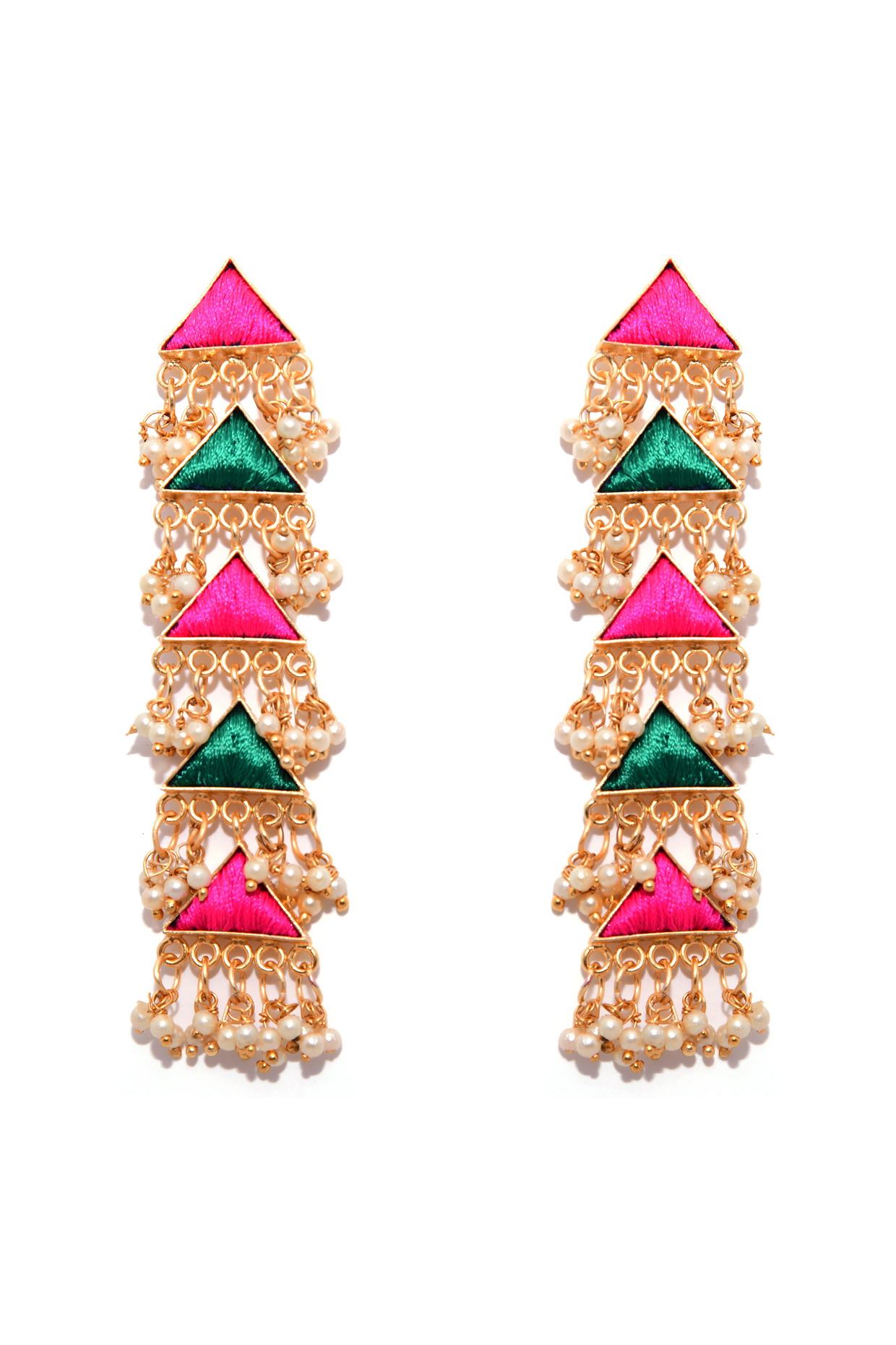 Matte Gold Finish Five Layered Embroidered Earrings by Bauble Bazaar at Pernia's Pop Up Shop
