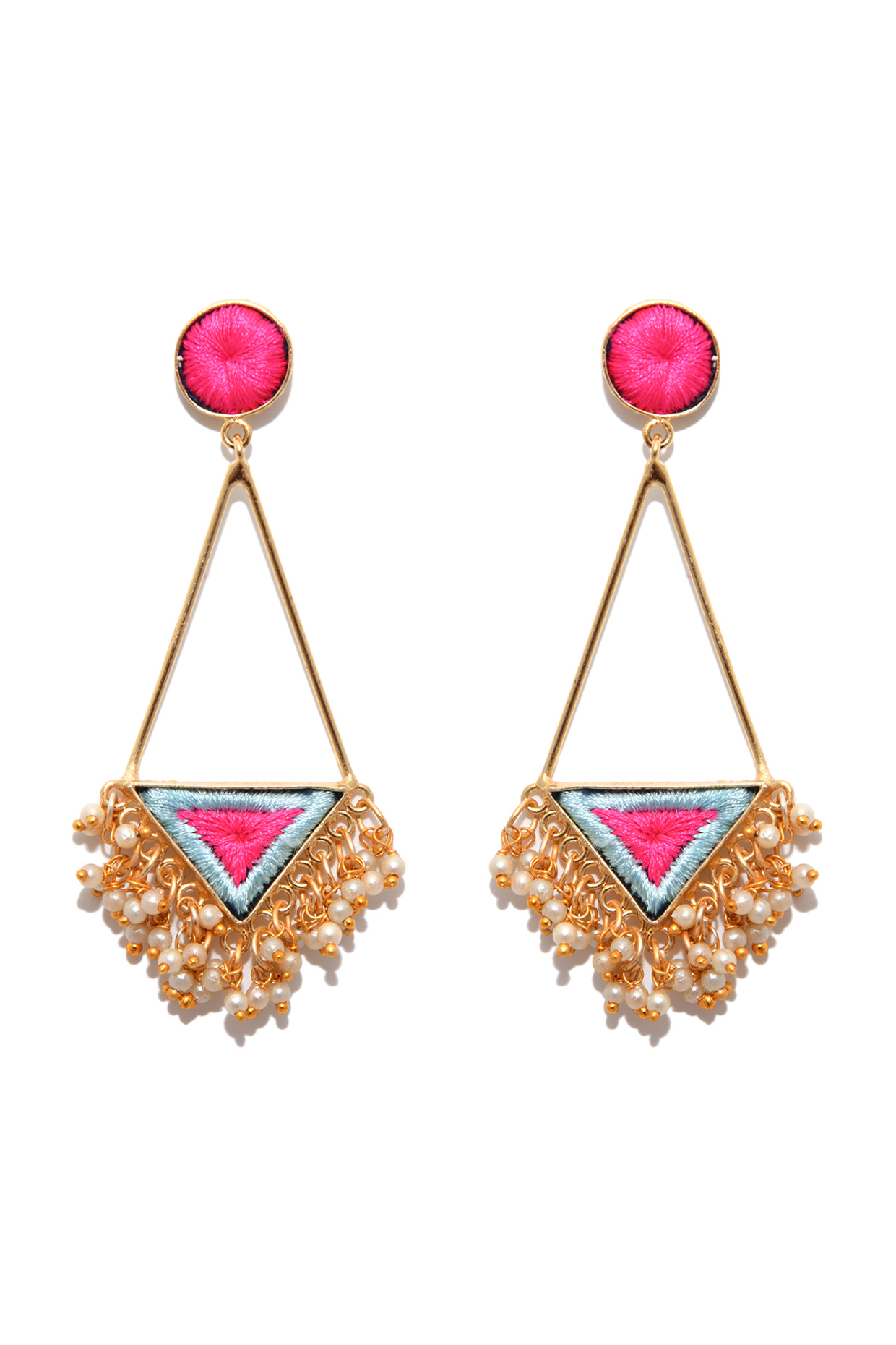 Matte Gold Finish Long Pipe Embroidered Triangle Earrings by Bauble Bazaar at Pernia's Pop Up Shop
