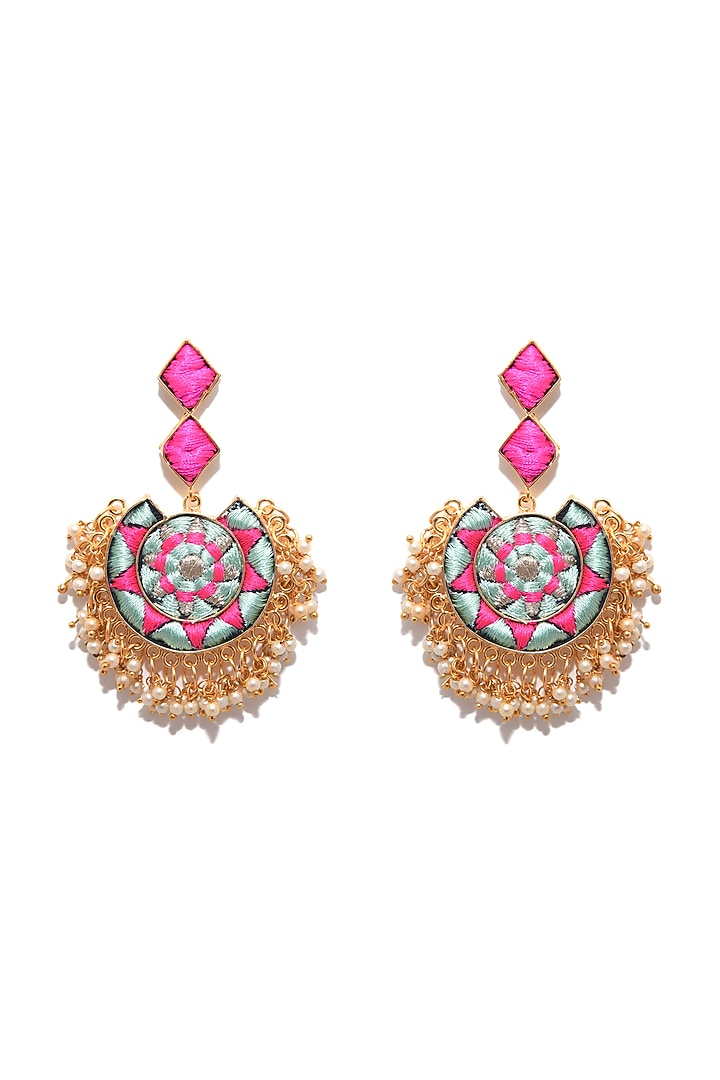 Matte Gold Finish Silk Embroidered Rhombus Earrings by Bauble Bazaar at Pernia's Pop Up Shop