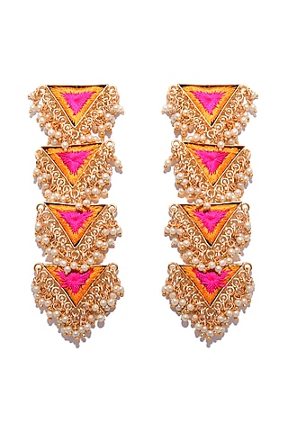 Matte Gold Finish Pearl Layered Long Earrings by Bauble Bazaar