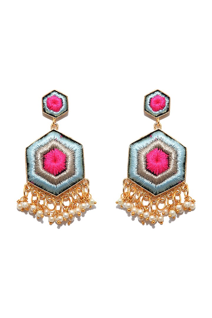 Matte Gold Finish Embroidered Hexagon Earrings by Bauble Bazaar
