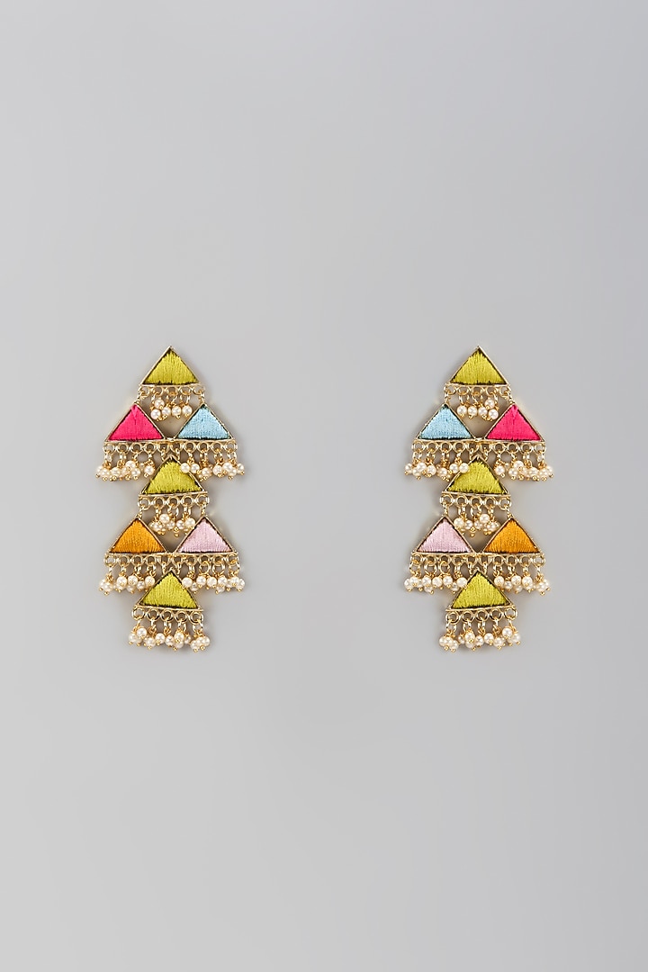 Matte Gold Finish Thread Embroidered Layered Dangler Earrings by Bauble Bazaar at Pernia's Pop Up Shop