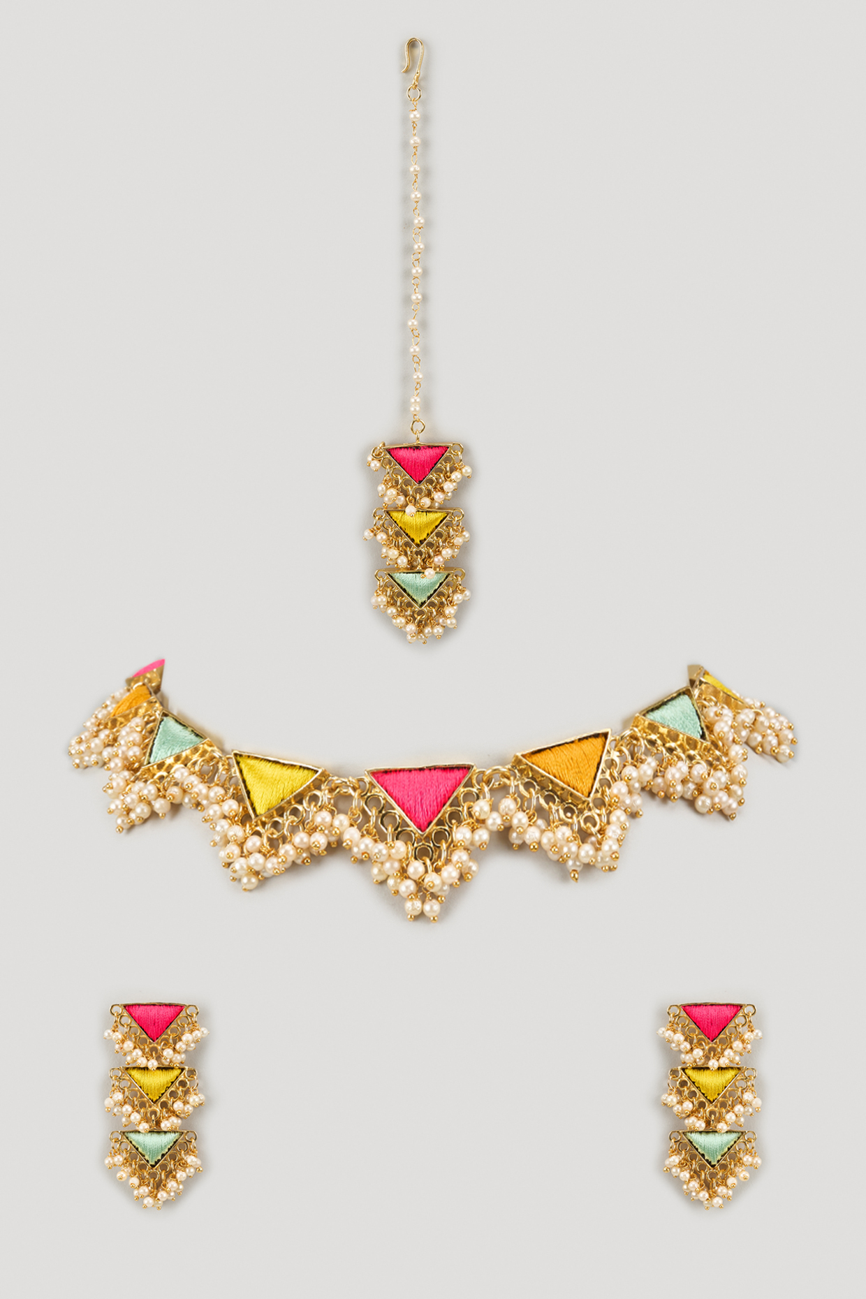 Matte Gold Finish Multi-Colored Zari Silk Embroidered Layered Triangular Necklace Set by Bauble Bazaar at Pernia's Pop Up Shop