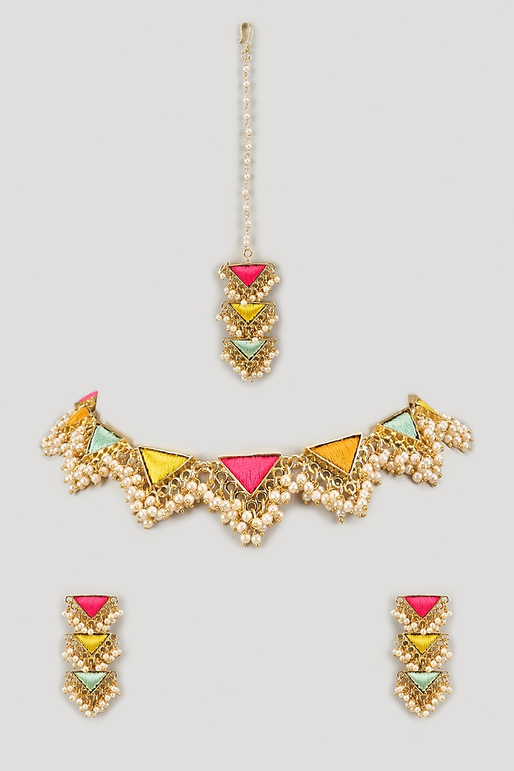 Matte Gold Finish Multi-Colored Zari Silk Embroidered Layered Triangular Necklace Set by Bauble Bazaar at Pernia's Pop Up Shop