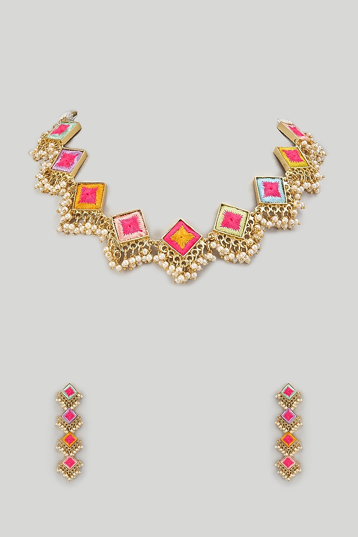 Gold Finish Pearl & Hand Embroidered Choker Necklace Set by Bauble Bazaar at Pernia's Pop Up Shop