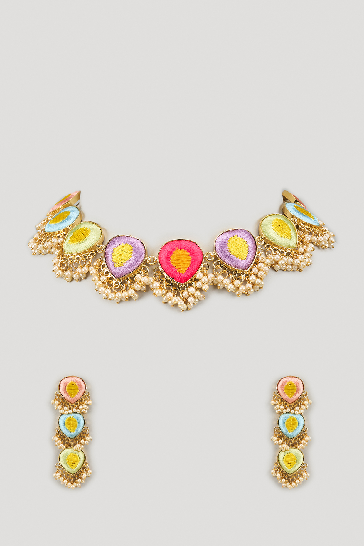 Matte Gold Finish Multi-Colored Embroidered & Pearl hanging Layered Necklace Set by Bauble Bazaar at Pernia's Pop Up Shop