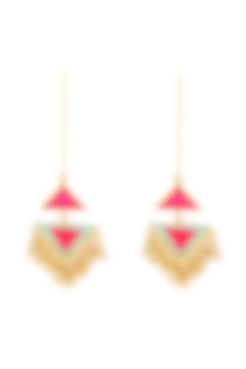 Matte Gold Finish Triangle Earrings With Thread Embroidery by Bauble Bazaar