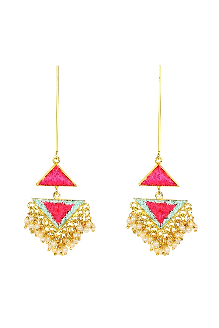 Matte Gold Finish Triangle Earrings With Thread Embroidery by Bauble Bazaar